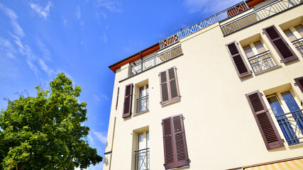 Low energy houses with apartments. Residential area with ecological and sustainable green residential buildings. 