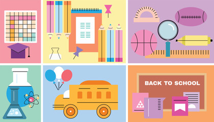 Back to school template design  banner  School stuff, supplies bundle. Stationery, items, accessories,  folder, pencil, pen   Flat vector illustration
