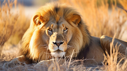 Obraz premium Big male African lion (Panthera leo) lying in the grass, Etosha National Park, Namibia, southern Africa