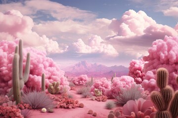 Imaginary pink desert landscape with cacti and pink smoke rising. Overcast with dramatic white clouds. Vaporwave synthcore nature concept.