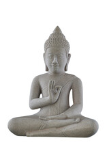 Isolated Buddha statue seated in light grey stone, making a symbolic gesture with its right hand,...