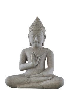 Isolated Buddha statue seated in light grey stone, making a symbolic gesture with its right hand, white or transparent background