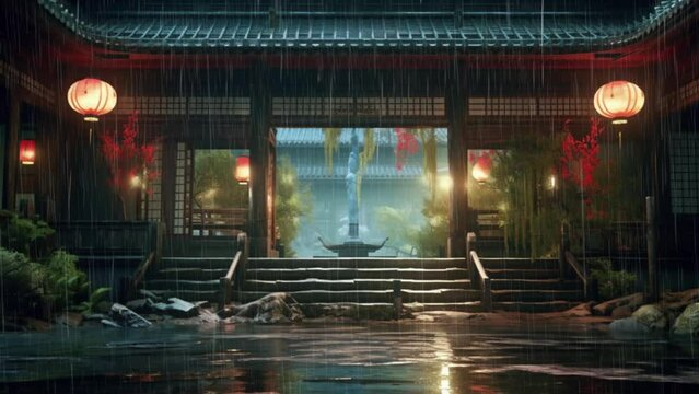 a japanese house is raining through the doorway