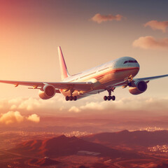 Fototapeta na wymiar Airplane flying over the sunset