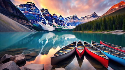 Canoes on a jetty at Moraine lake, Banff national park in the Rocky Mountains, Alberta, Canada - obrazy, fototapety, plakaty