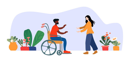 The nurse holds out her hands to a man in a wheelchair