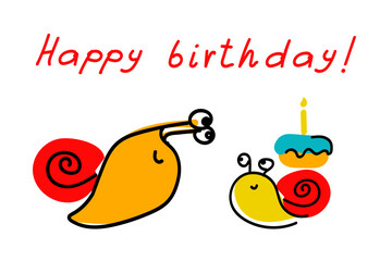 Cute snail gives birthday cake. Funny snails
