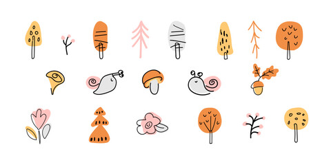 Collection of stickers, trees, mushrooms, snail, flower. Forest plants icons