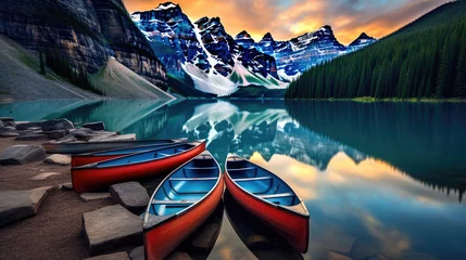 Poster Canoes on a jetty at Moraine lake, Banff national park in the Rocky Mountains, Alberta, Canada © Sasint