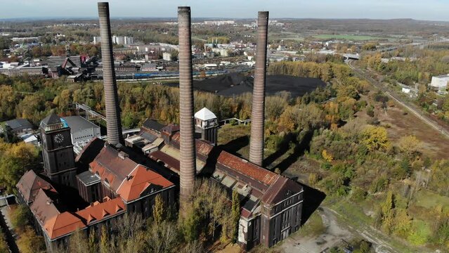 Bytom, Poland. Autumn colors and industrial heritage in Bytom Szombierki district. Coal power plant.