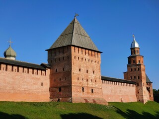 Russia, Novgorod region, Veliky Novgorod – 07.08.2023. Pokrovskaya Tower and the walls of the Novgorod Kremlin
