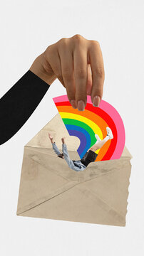 Contemporary art collage. Female hand puting colorful rainbow and man to envelop against white background. LGBTQ support. Human rights.