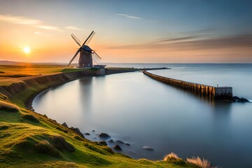 windmills at sunset  Generated Ai