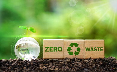 Net zero waste management concept with glass globe and Recycle symbol on wooden cubes over soil...