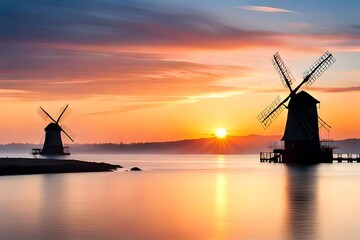 windmill at sunset  Generated Ai - Powered by Adobe