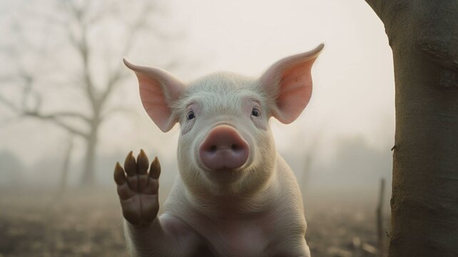 pig in farm waving hello