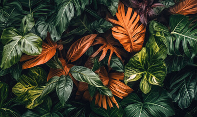 Tropical leaf wallpaper. Exotic foliage background. Natural textured. For postcard, book illustration. Created with generative AI tools