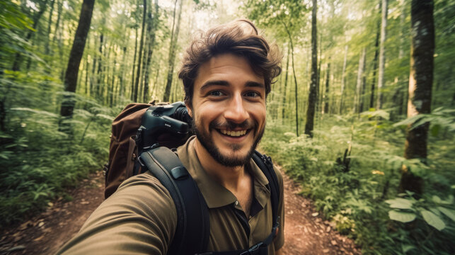 Digital nomad, Photo vlogger, Travel blogger trekking and filming in destination forest. taking selfie.