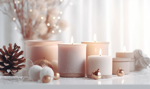 Candles on white background. Coziness winter decor. For banner, postcard, book illustration. Created with generative AI tools
