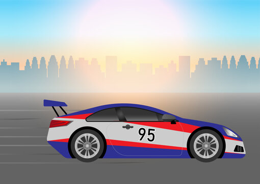 Racing Car or Sports Car in a Modern City. Vector Illustration. 