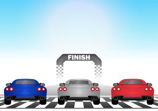 Racing Car on Racing Track Driving to Finish Point. Racing track with Racing Car.  Race track road. Vector Illustration.