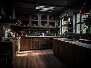 Dark wood kitchen room offering a serene retreat. AI Generate.