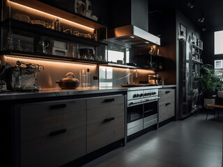 Smart high-tech kitchen room with integrated appliances. AI Generate.