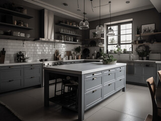 Fototapeta premium Bright and airy light grey kitchen space. AI Generate.