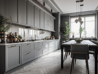 Light grey kitchen designed for comfort and style. AI Generate.