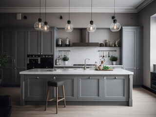 Light grey kitchen interior complemented by white tones. AI Generate.