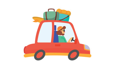 Flat design illustration of travel design with red and driver,  case on top car, use for web design, ui design, flat design 