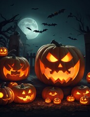 Halloween pumpkin with bats Generated Ai