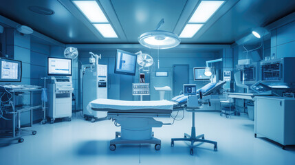 In an advanced operating room with lots of equipment, patient and working surgical specialists