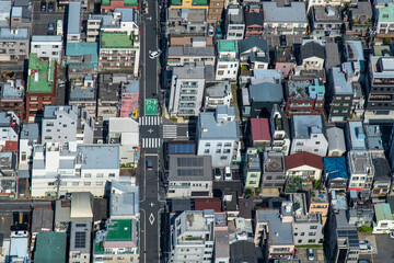 Birds eye view of almost symmetrical  pattern or grid of residential streets and houses in a Tokyo,...