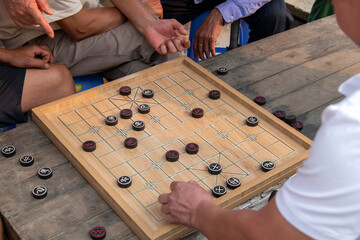 High angle view of the board of Xiangqi game, also called Chinese chess or elephant chess with...