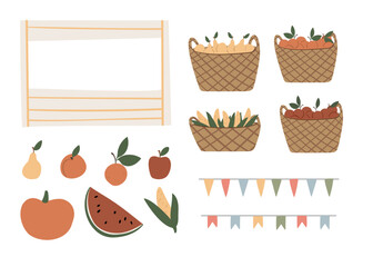 Set of summer market illustrations, fair equipment vector clipart, festival in park clip art, Flat style images, flags, grocery, tent, clothes, hanger, garland, vegetable, awning, kiosk, plant.