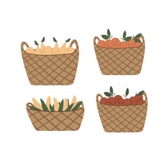 Set of summer market illustrations, fair equipment vector clipart, festival in park clip art, Flat style images, flags, grocery, tent, clothes, hanger, garland, vegetable, awning, kiosk, plant.
