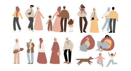 Fototapeta na wymiar Set of people walking at summer market illustration, Flat style vector images clipart, person, man, woman, male, boy, kid, child, old, elderly, young, muslim, black, family, couple, Diversity, dog.