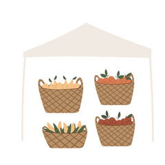 Set of summer market illustrations, fair equipment vector clipart, festival in park clip art, Flat style images, flags, grocery, tent, clothes, hanger, garland, vegetable, awning, kiosk, plant.