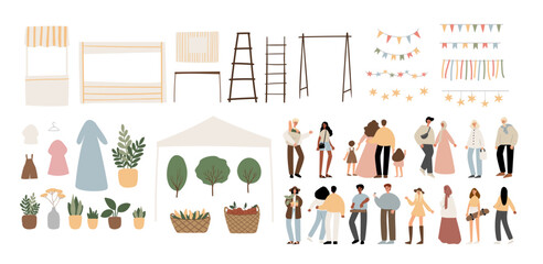 summer market creator clipart set, people walking at fair vector illustration png svg, festival in park clip art, party images in flat style, elderly, muslim, black people, couple, family, holiday.