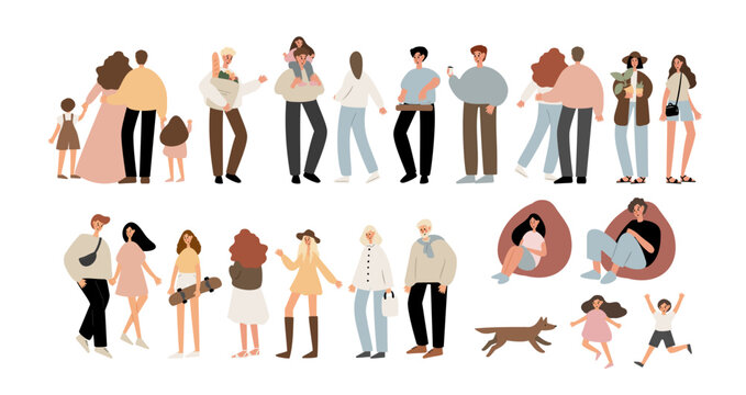 Set of people walking at summer market illustration, Flat style vector images clipart, person, man, woman, male, boy, kid, child, old, elderly, young, muslim, black, family, couple, Diversity, dog.
