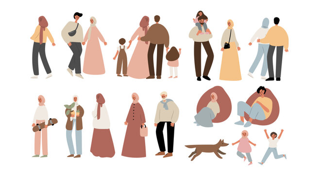 Set of people walking at summer market illustration, Flat style vector images clipart, person, man, woman, male, boy, kid, child, old, elderly, young, muslim, black, family, couple, Diversity, dog.