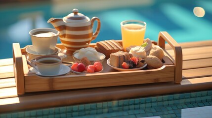 Obraz premium Afternoon tea set on swimming pool at the beach with cake,bakery,pastry and dessert. Generative Ai 