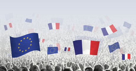 Obraz premium Crowd with flag of European Union and France, people of France with flag of EU.