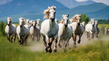 Obraz premium Horse herd run in beautiful green meadow