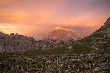 View of Cadini di Misurina at sunset, Auronzo di Cadore, Dolomites, Italy