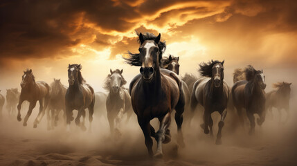 Horse herd run in desert sand storm against dramatic sunset sky