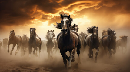 Fototapeta premium Horse herd run in desert sand storm against dramatic sunset sky