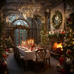 Fototapeta na wymiar Beautiful fantasy Christmas setting inside Mansion, Village, House, Living room and Fantasy Town. 