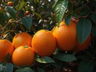 Orange trees with ripe fruits. Bloomy orange garden.
